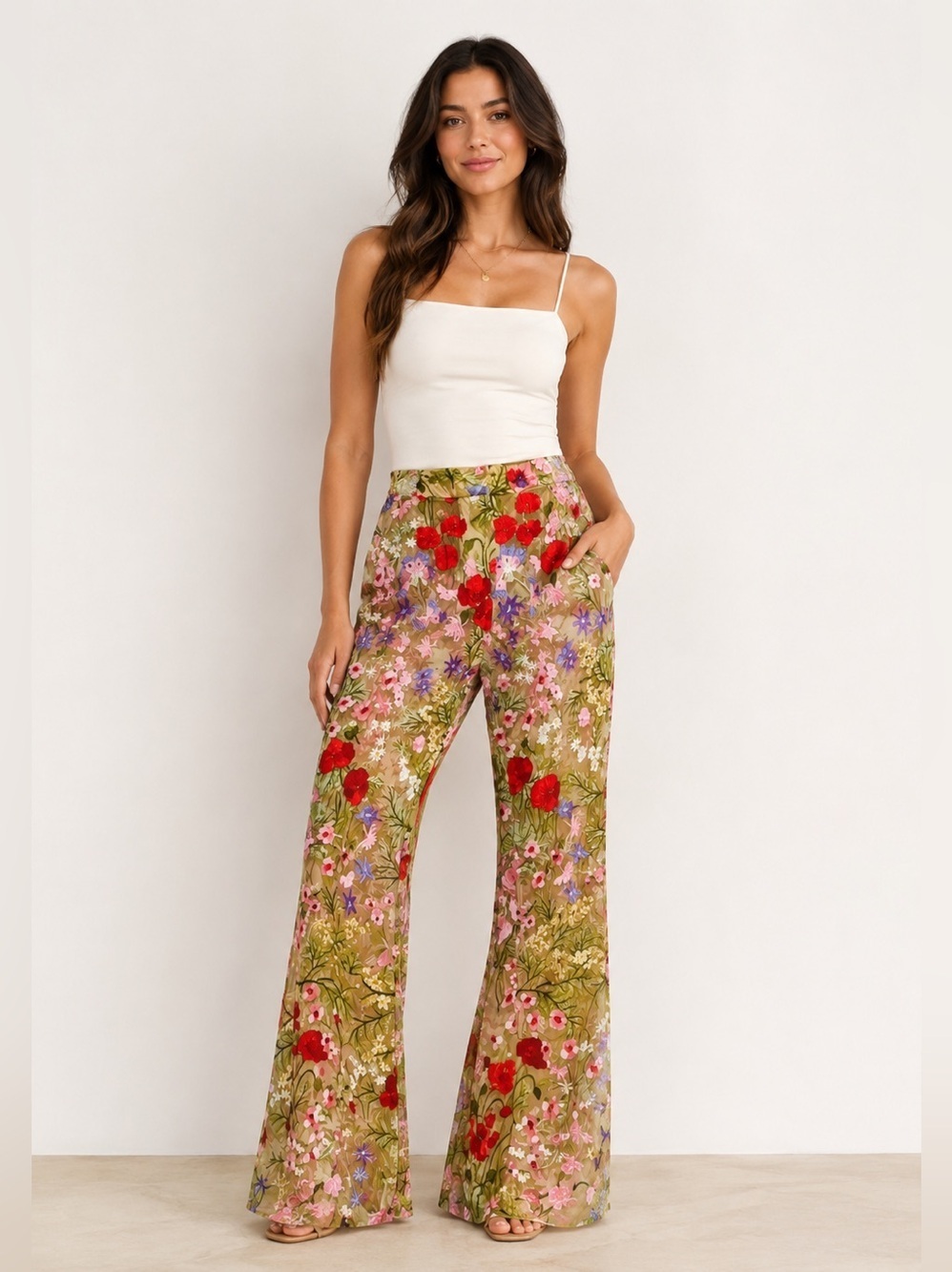 NWT! NOVALUXE Fashion Nova Erin Embroidered Nude Floral Flared Pants